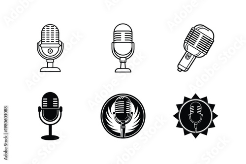 Collection of six retro and modern microphones in black and white vector art on white background