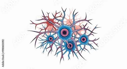 Stylized microscopic view of interconnected neural cells, vibrant blues and pinks