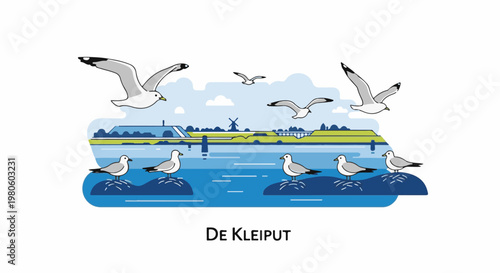 Coastal scene with gulls soaring and perched near a Dutch landscape