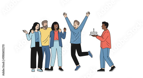 Group of diverse friends celebrating a birthday with a cake.