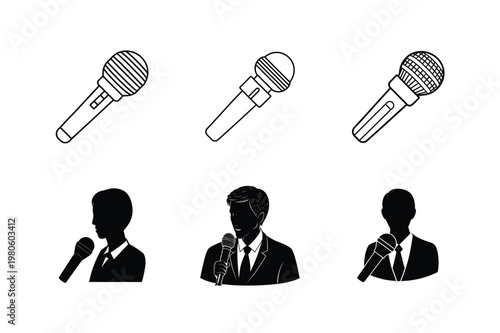 Set of six microphones and singers in black and white vector art isolated on white background