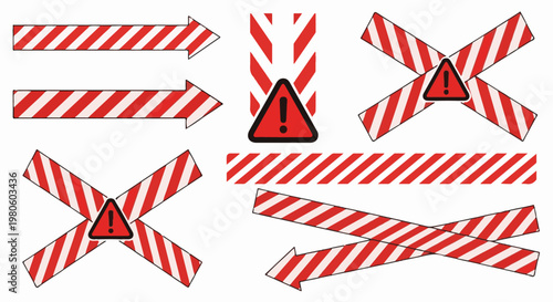 Red and white striped warning tape elements including arrows, crosses, and signs