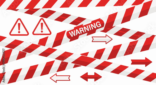 Red and white striped tape with warning signs and arrows