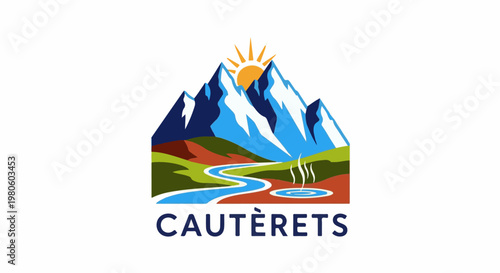 Stylized mountain landscape with sun, river, and hot spring