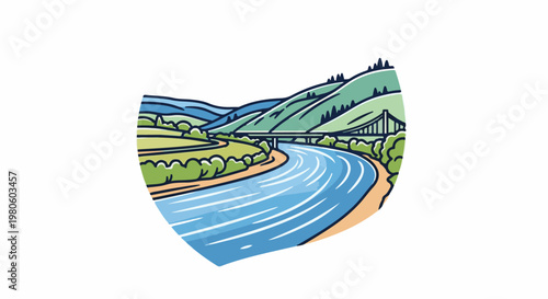 A stylized illustration depicts a winding river flowing through green hills and past a bridge