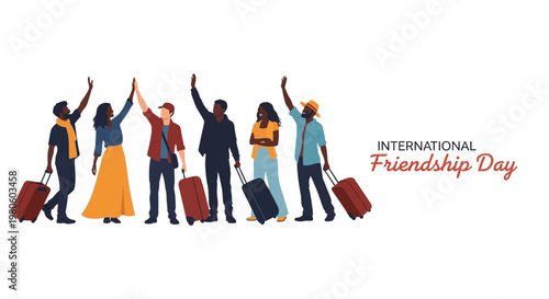 Group of diverse friends traveling together for International Friendship Day.