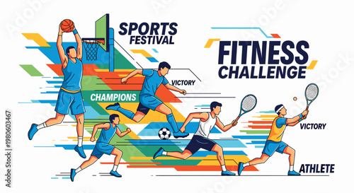 Dynamic illustration of athletes participating in a sports festival and fitness challenge, showcasing basketball, soccer, and tennis.