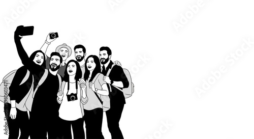 Group of diverse friends taking a selfie together during travel.