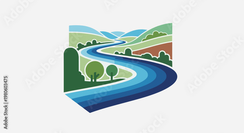 Stylized river winds through rolling hills and trees