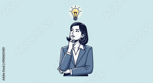 Woman in suit thinking, lightbulb appears above her head