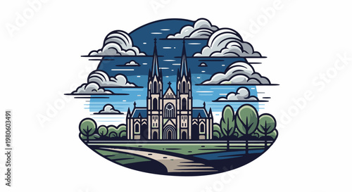 Stylized illustration of a grand cathedral with twin spires under a cloudy sky