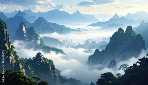 A breathtaking vista showcases a city nestled amongst towering, mist-covered mountains and traditional Chinese architecture.