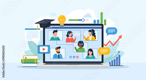 Online learning and remote collaboration illustrated with a laptop displaying video conference participants, graduation cap, and educational graphics.