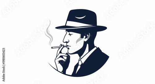 A stylized man in a fedora and suit smokes a cigarette, exhaling smoke