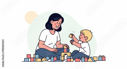 Woman and child sitting and playing with colorful building blocks