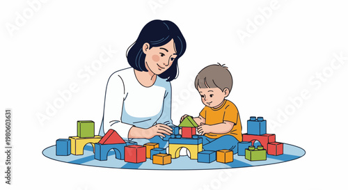 Parent and child play with colorful building blocks on a patterned mat