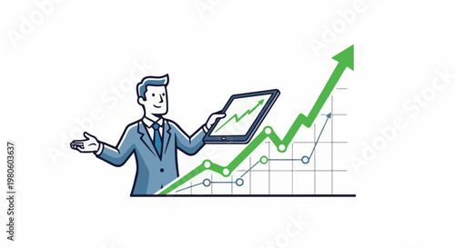 Man in suit presenting tablet showing rising graph