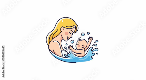 Mother and baby enjoying bath time together with splashing water and bubbles