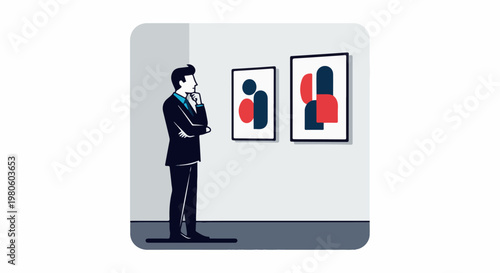 Man in suit contemplates art in a gallery