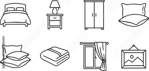 Minimalist bedroom furniture line icons, set of 8 home interior vector elements, modern bedroom decor outline symbols for real estate and interior design