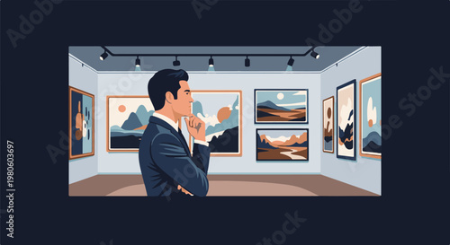 Man in suit contemplates abstract art in a minimalist gallery setting