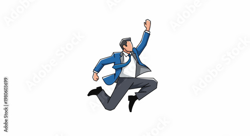 A businessman leaps triumphantly in mid-air, arms extended upwards