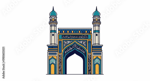 Ornate gateway with two minarets, decorated with Islamic calligraphy and geometric patterns