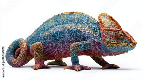 Colorful chameleon statue with gradient painted skin and detailed sculpted scales, isolated on white background with macro style clarity.