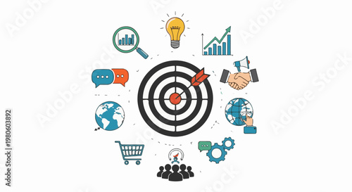 Business strategy elements around a central dartboard target