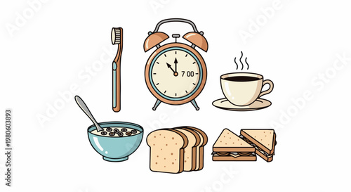 A morning routine with breakfast and personal hygiene items depicted