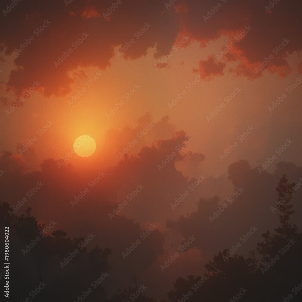 Fototapeta premium A serene sunset scene with the sun peeking through clouds and trees in the foreground