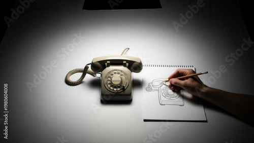 Artistic rendition of a vintage rotary telephone through pencil sketch under focused studio lighting