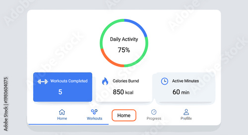 Mobile fitness tracking app dashboard displaying daily activity, workout progress, calories burnt, and active minutes.