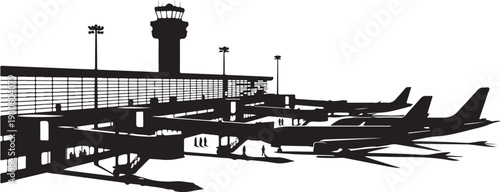 Black silhouette airport scene with planes and control tower
