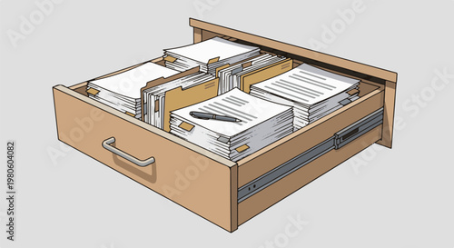 Overflowing file drawer filled with stacks of documents and folders