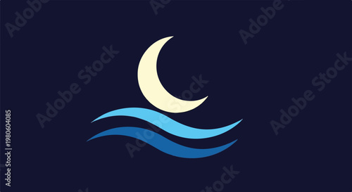Abstract crescent moon above stylized blue waves on a dark background