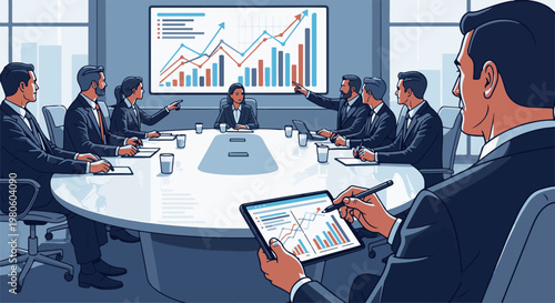 A group of business professionals in suits at a conference table, reviewing charts