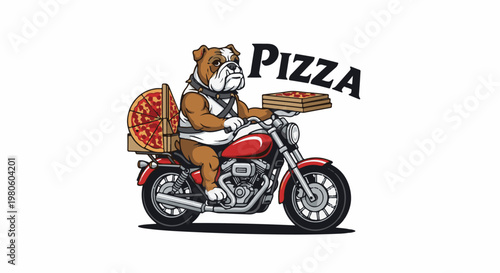Bulldog on a motorcycle carrying pizza