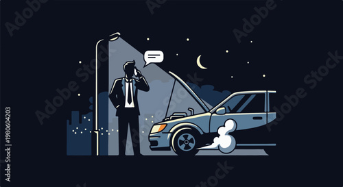 A man in a suit stands by a broken-down car at night, on the phone