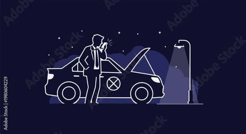 Man calls for help by broken car under starry night sky
