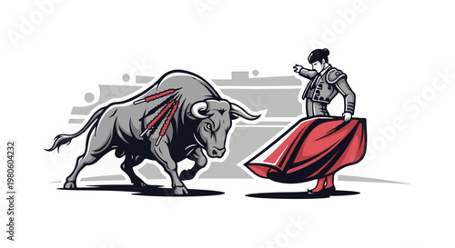 Fierce bull charges a matador holding a red cape in a stylized depiction