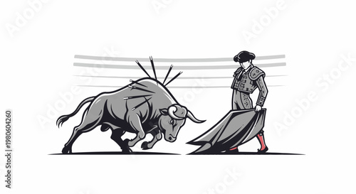 A bullfight with a bull charging a matador in a stylized arena