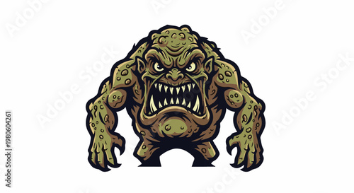 Fearsome, green, scaly monster with sharp teeth, bared