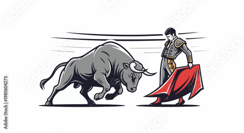 Stylized bull and matador confront each other in a dramatic duel