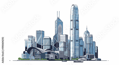 Stylized pixel art depicts a vibrant city skyline with tall buildings and boats