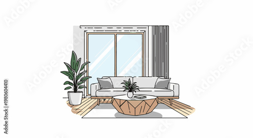 Modern living room with plants, couch, and geometric coffee table