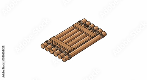 A primitive raft constructed from logs bound together with rope, ready for water