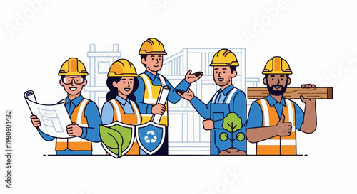 Diverse construction team plans green building project with blueprints and sustainable symbols