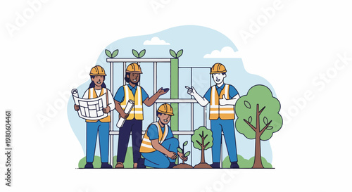 Team of builders working on an eco-friendly construction site