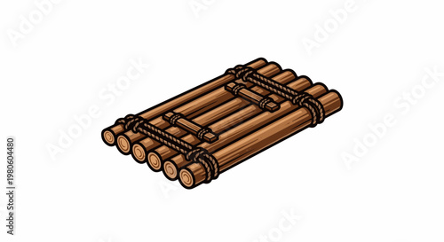 Simple, rustic raft made of logs bound with rope